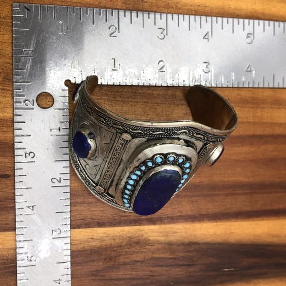 Single Vintage Afghan Cuff Bracelet: Lapis, Turquoise, Sterling Silver Tribal - Picture 6 of 12